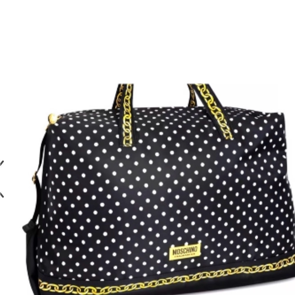 Moschino Black and White Polka Dot Travel Tote with Gold Chain Accents